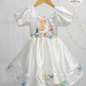 White Satin Fairy Embellished Dress for Girls – Butterfly & Floral Applique