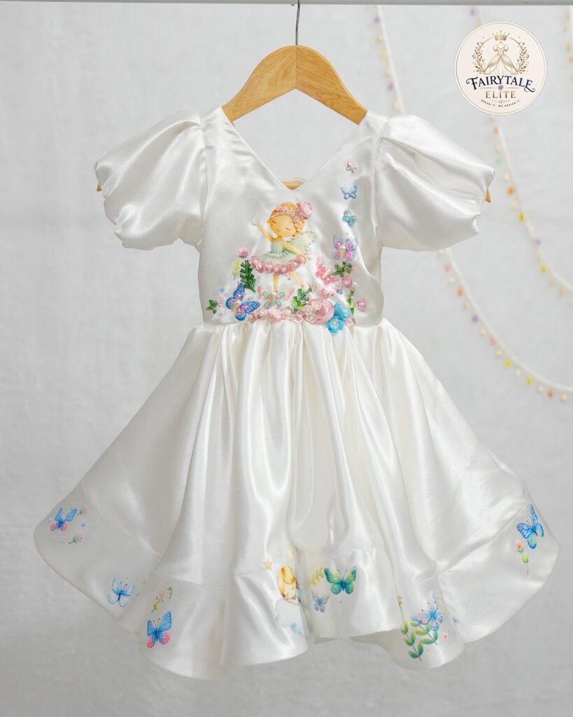 White Satin Fairy Embellished Dress for Girls – Butterfly & Floral Applique