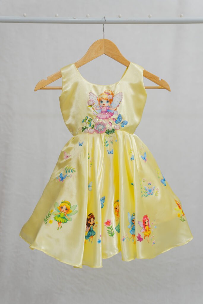 Yellow Satin Fairy Dress for Girls – Butterfly & Floral Applique